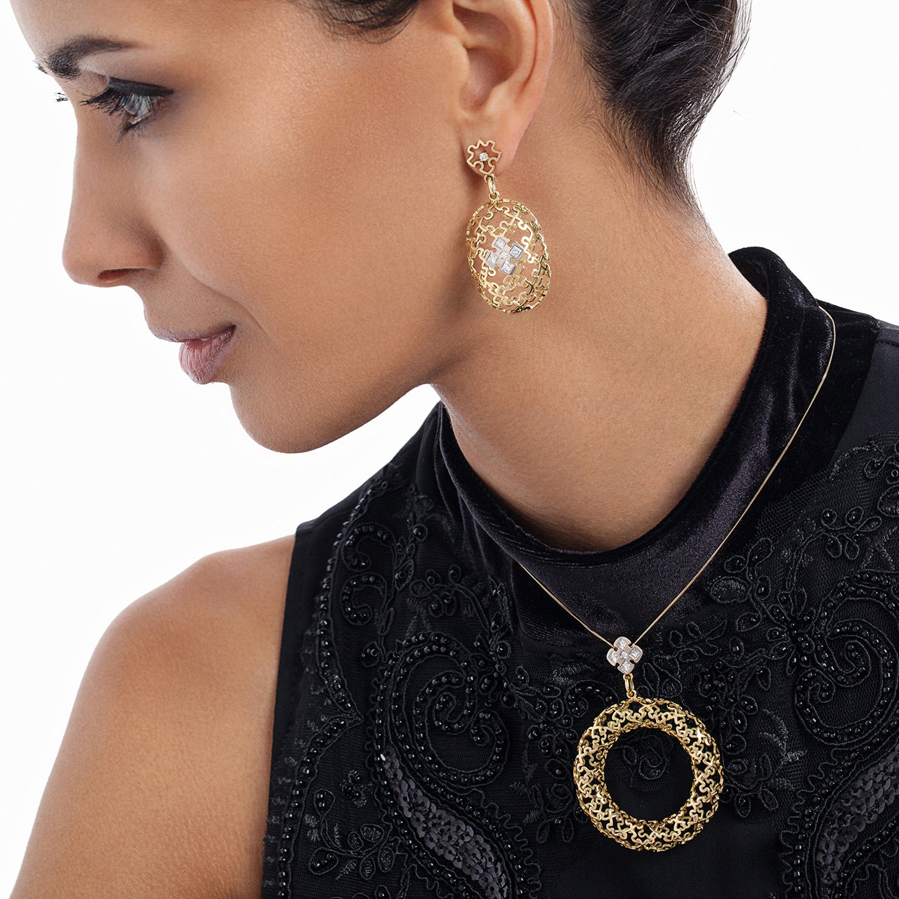 Puzzle Air Sphere Earrings with Diamonds on Model